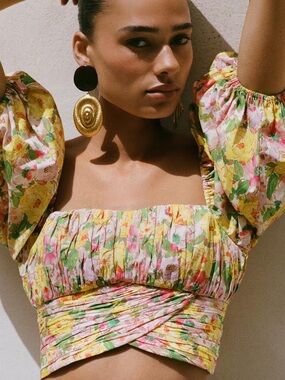 Zara Floral Puff-Sleeve Crop Top in Yellow, Pink & Green